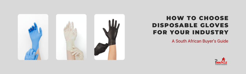 Healthcare worker wearing blue nitrile disposable gloves and protective clothing, with the guide title Choosing the Right Disposable Glove