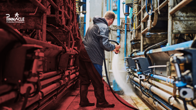 Worker in a white disposable coverall and blue plastic apron during a factory washdown