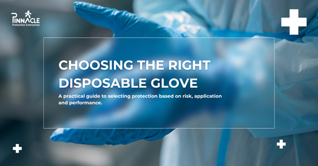 Healthcare worker wearing blue nitrile disposable gloves and protective clothing, with the guide title Choosing the Right Disposable Glove
