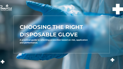Healthcare worker wearing blue nitrile disposable gloves and protective clothing, with the guide title Choosing the Right Disposable Glove