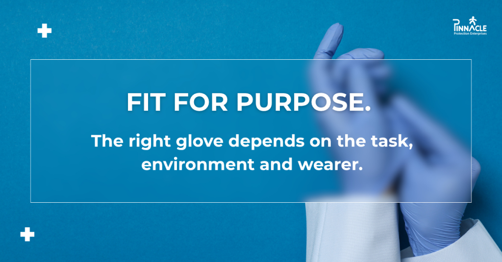 Gloved hands adjusting a blue disposable glove, with text reading Fit for Purpose