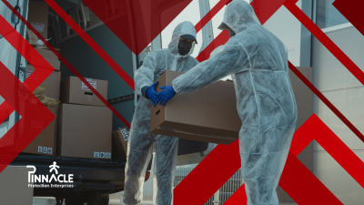 Workers in disposable coveralls, face masks and blue gloves unloading PPE stock from a delivery van, Pinnacle Protection Enterprises logo