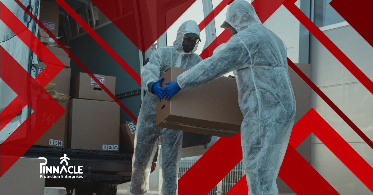 Workers in disposable coveralls, face masks and blue gloves unloading PPE stock from a delivery van, Pinnacle Protection Enterprises logo
