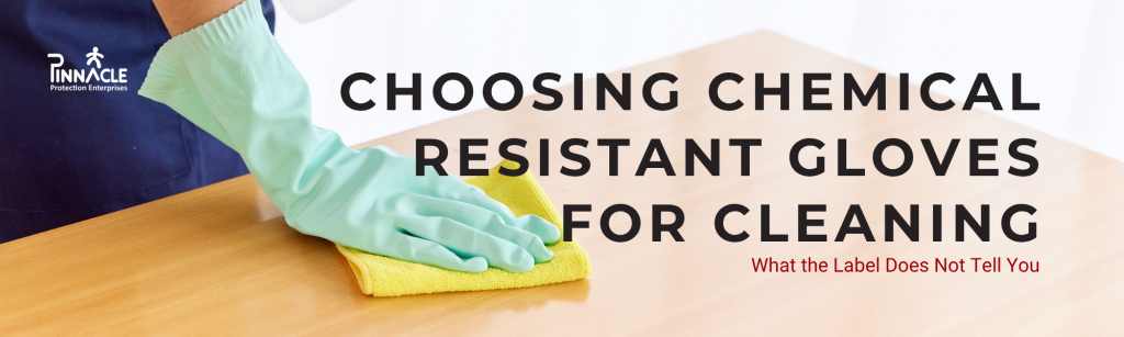 How to choose chemical-resistant gloves” graphic showing a worker wearing protective gloves, with guidance to select gloves based on chemical exposure and task requirements.
