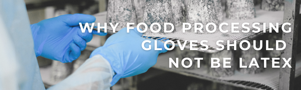 Why food processing gloves should not be latex: hands in blue nitrile gloves lifting a rack of mould-ripened cheeses