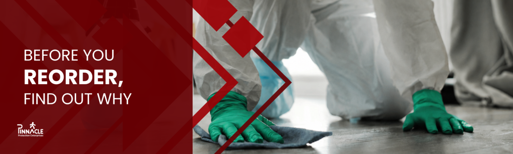 Cleaner wearing green cleaning gloves with text reading Before you reorder, find out why